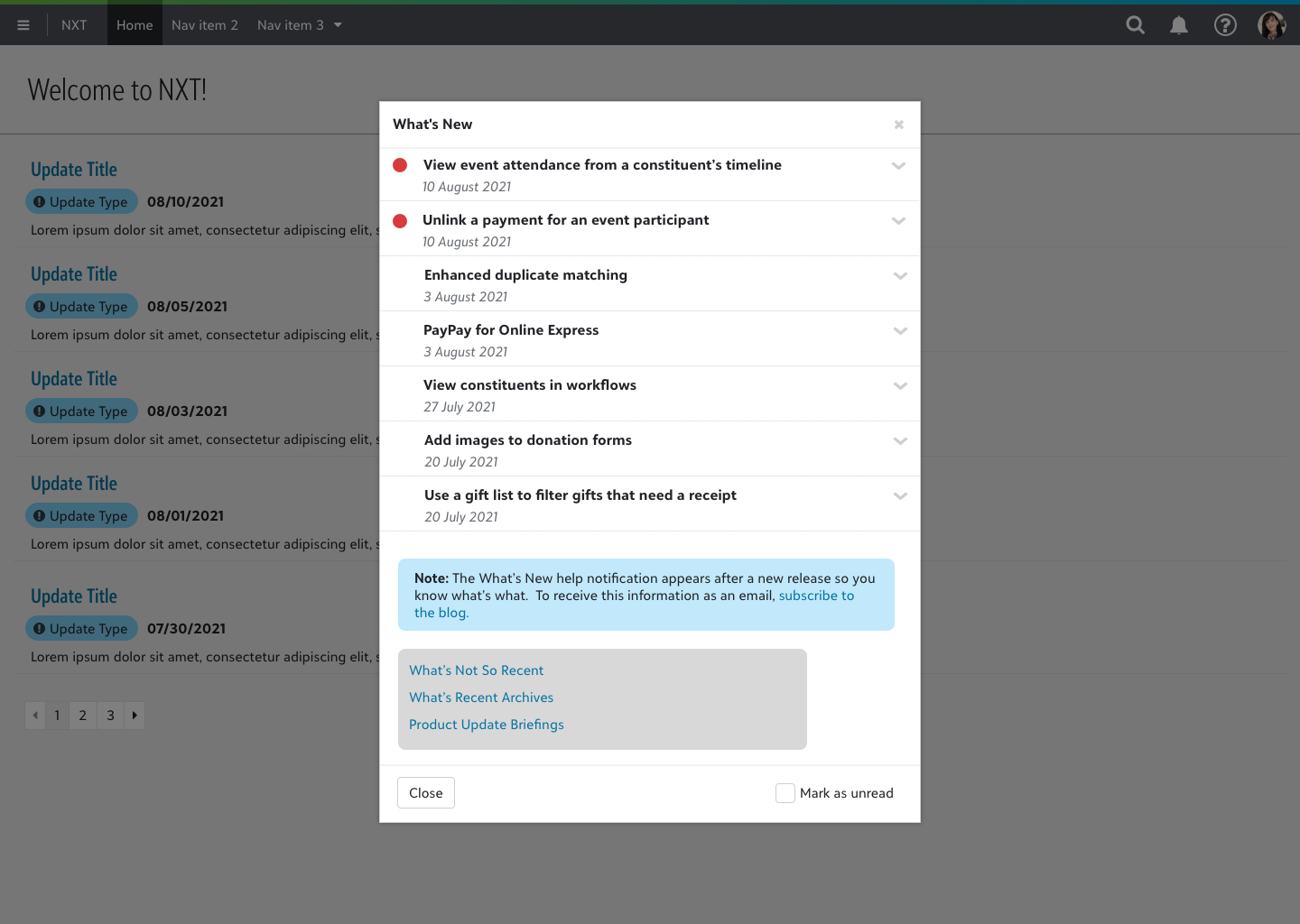 The revised in-product modal view of What's New for use across all Blackbaud products.