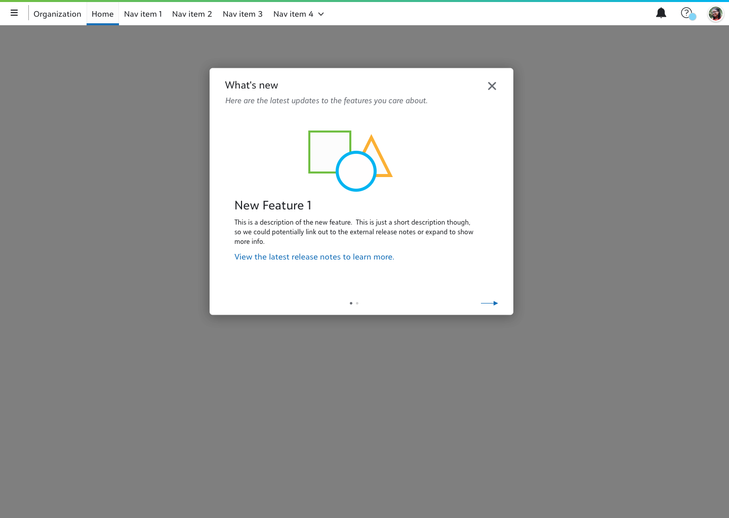 Early modal concept for What's New with a wizard layout